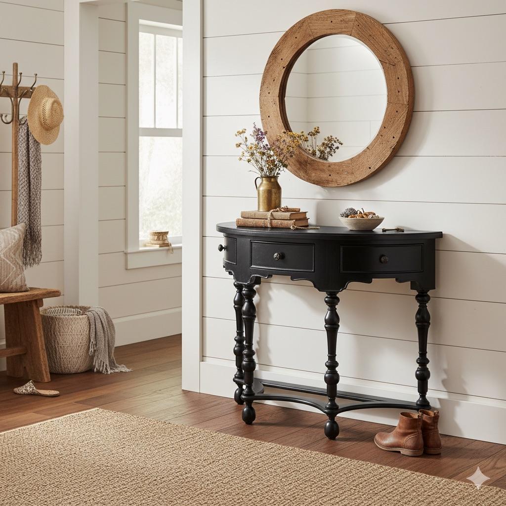 Rustic Black Demilune Console Table with Drawers For Sale