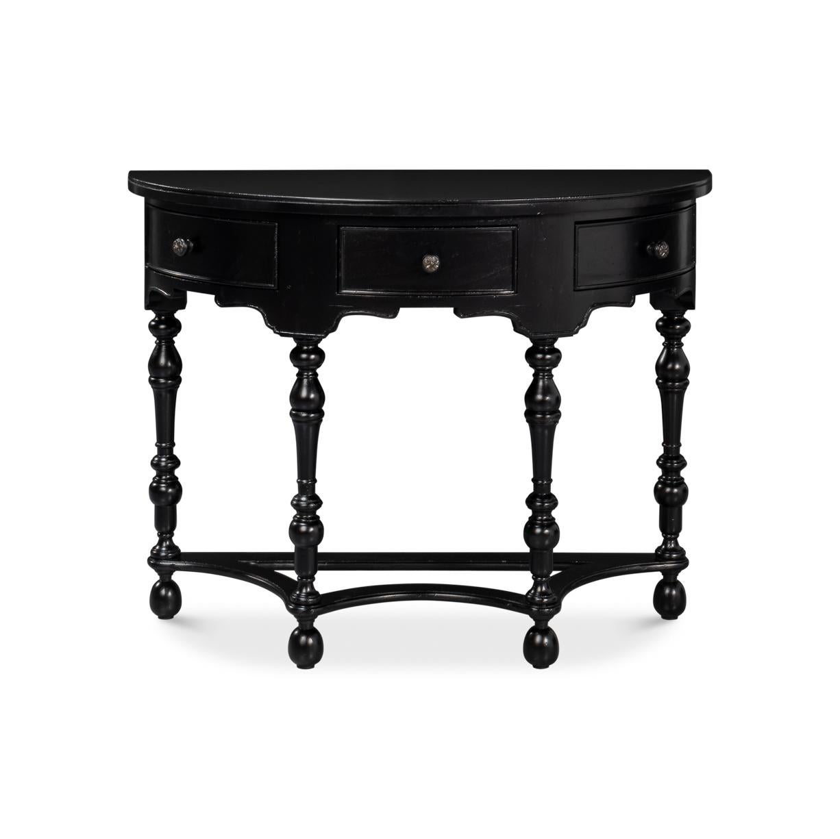 Indian Black Demilune Console Table with Drawers For Sale