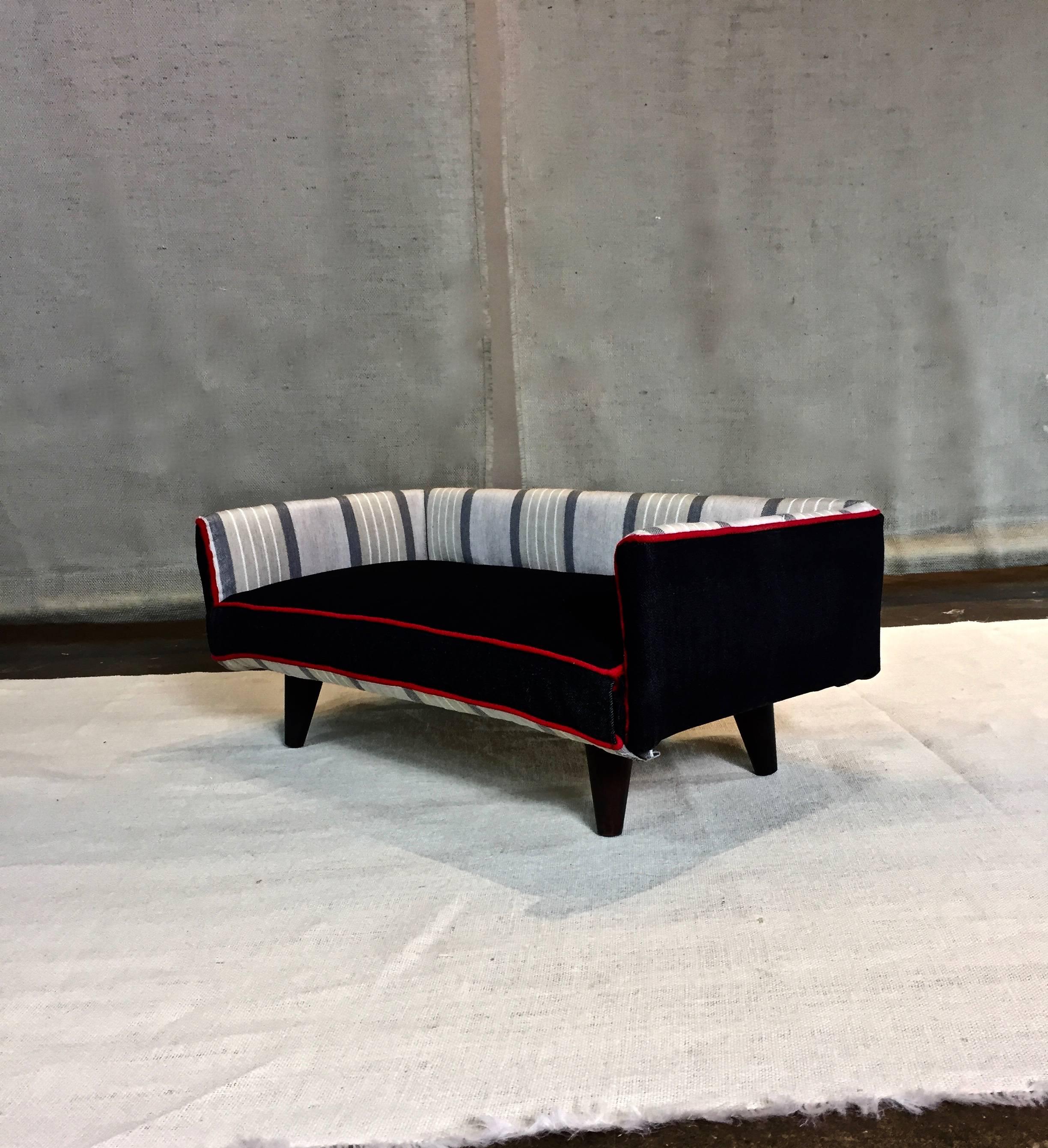 Contemporary Black Denim and Stripe Midcentury Dogbed For Sale