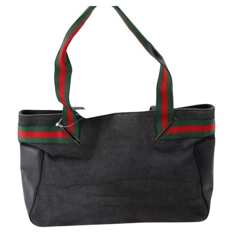 Black denim and leather Gucci Sherry Line tote bag with silver-tone ...
