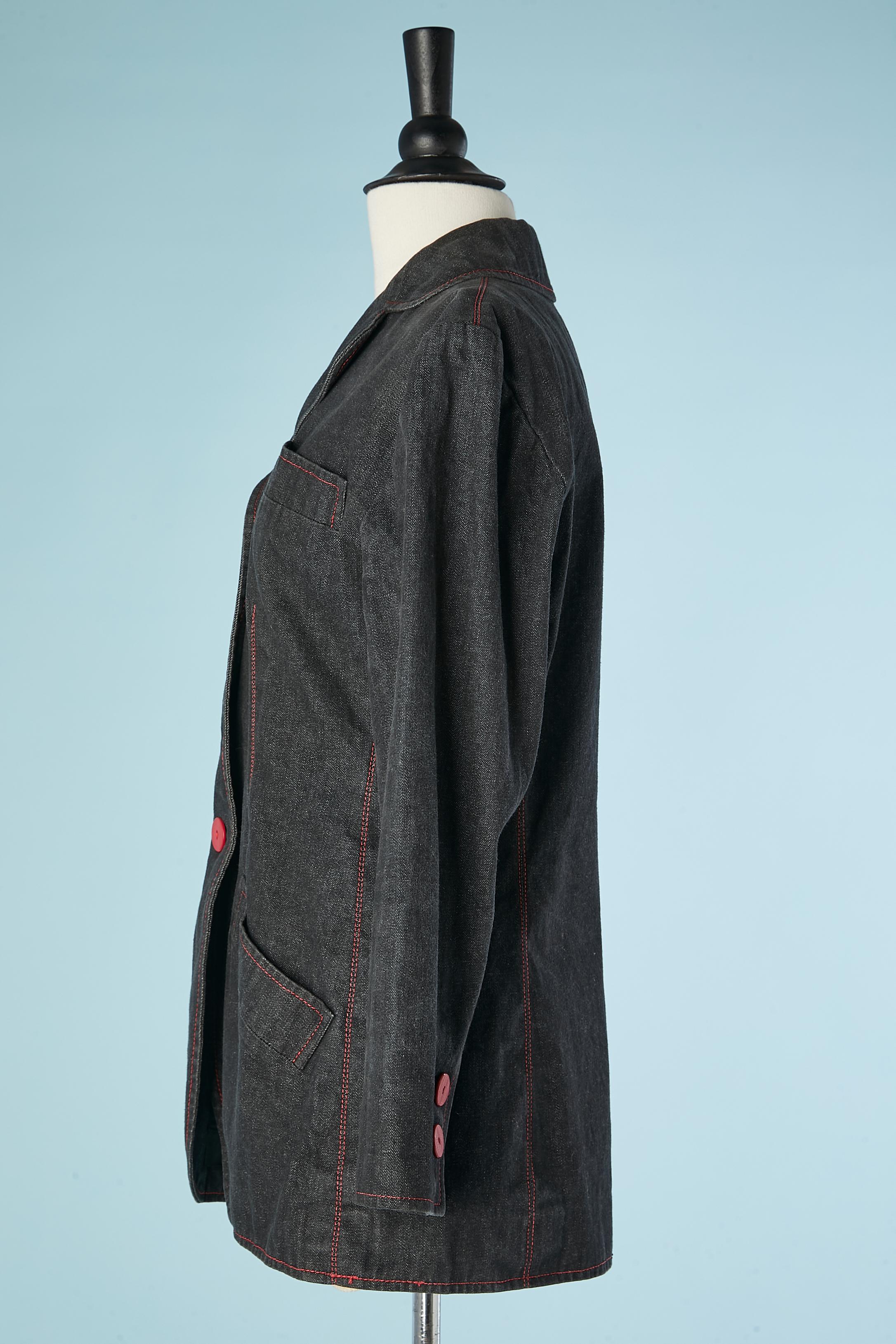 Veste à simple boutonnage en jean noir avec boutons rouges Saint Laurent Rive Gauche  Excellent état - En vente à Saint-Ouen-Sur-Seine, FR