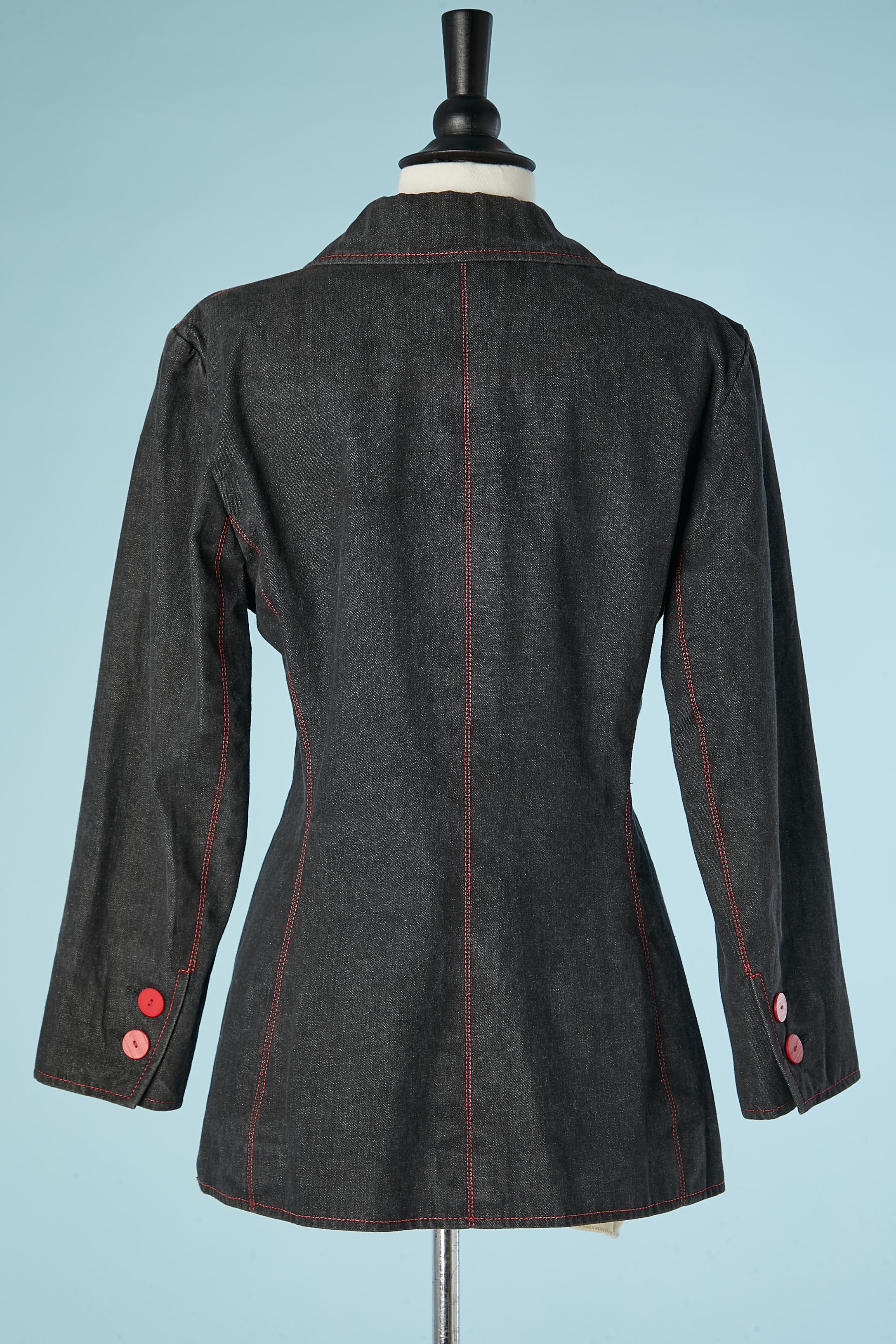 Veste à simple boutonnage en jean noir avec boutons rouges Saint Laurent Rive Gauche  Pour femmes en vente