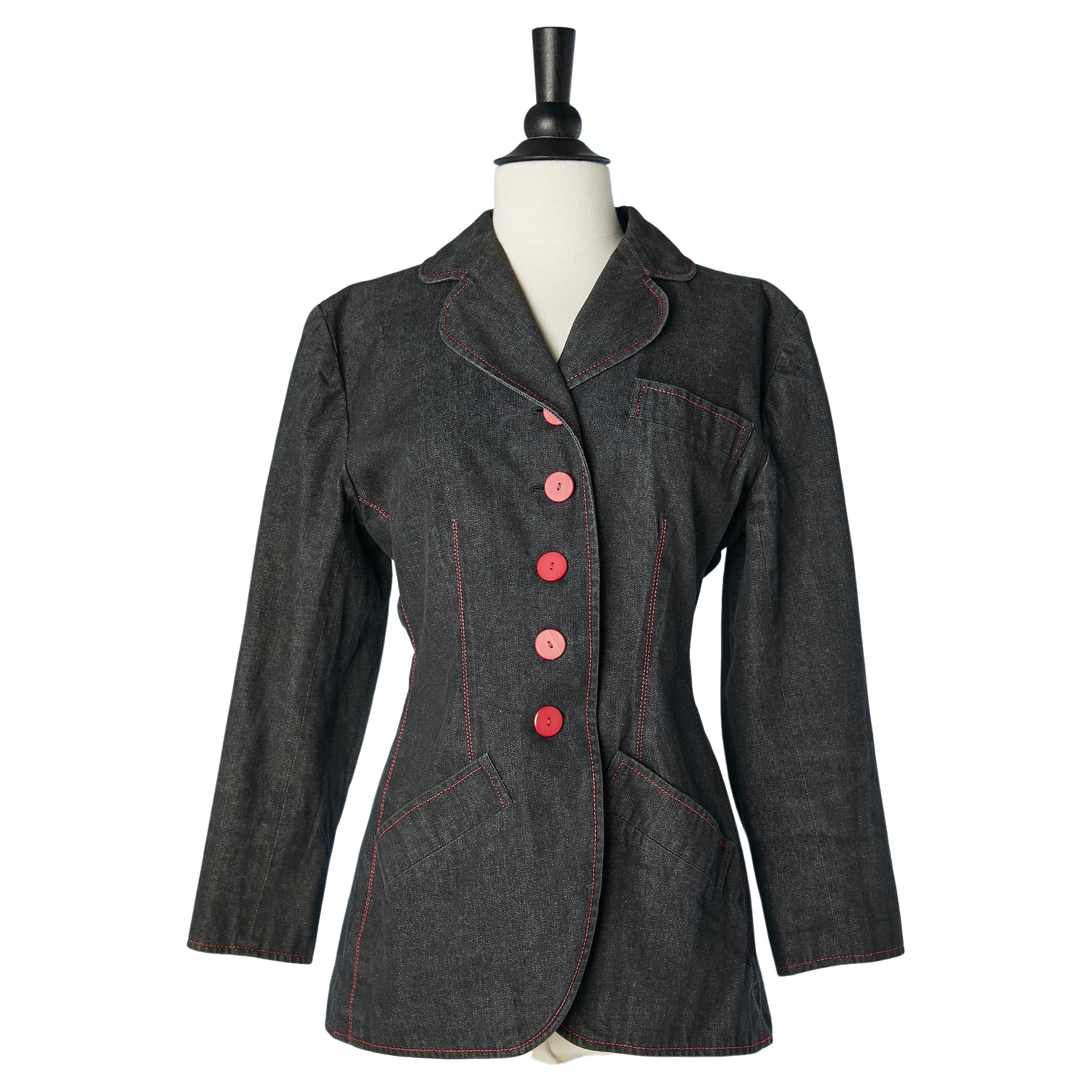 Chaqueta vaquera negra de un solo pecho con botones rojos Saint Laurent Rive Gauche