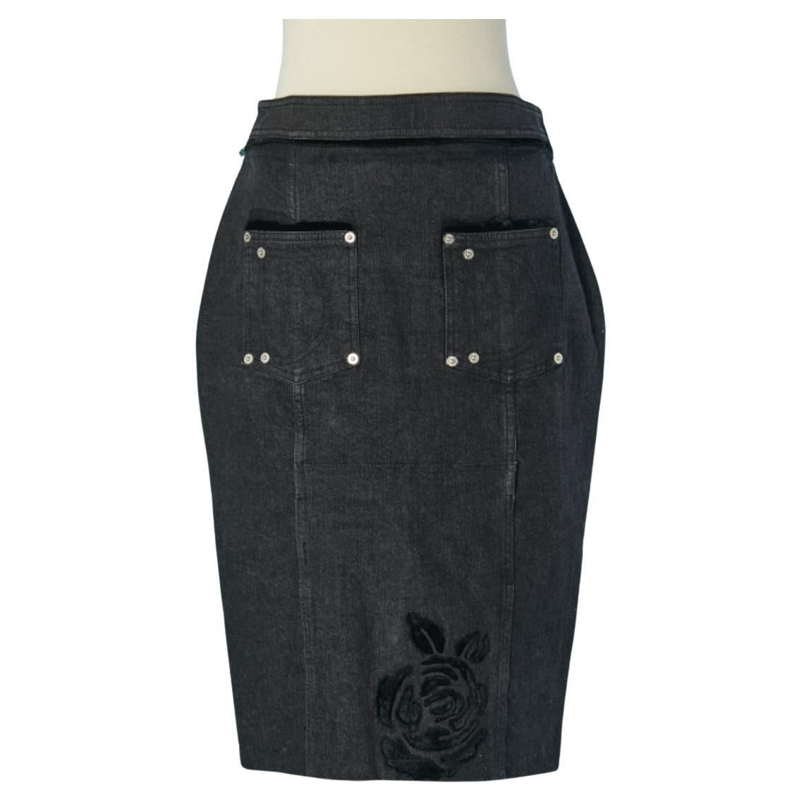 Black denim skirt with velvet roses appliqué Christian Dior For Sale
