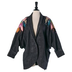 Black denim with leather appliqué and rhinestone DIAMOND LEATHER