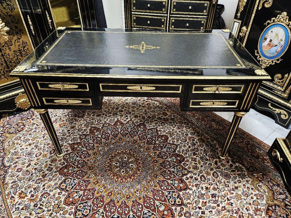 Français Table de bureau noire Napoléon III Boulle Louis XVI Bronze doré  19ème siècle en vente
