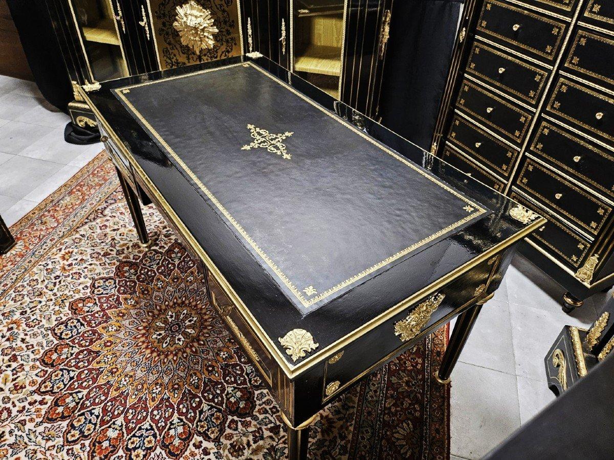 Table de bureau noire Napoléon III Boulle Louis XVI Bronze doré  19ème siècle Bon état - En vente à Paris, FR