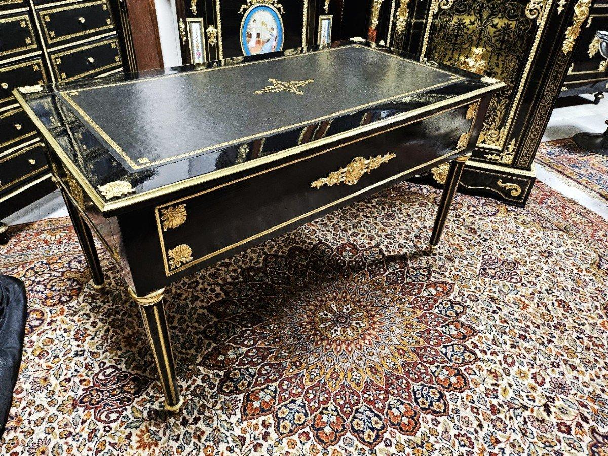 Fin du XIXe siècle Table de bureau noire Napoléon III Boulle Louis XVI Bronze doré  19ème siècle en vente
