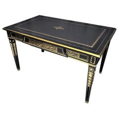 Black Desk Table, Boulle Style Napoleon III, France, 19th Century