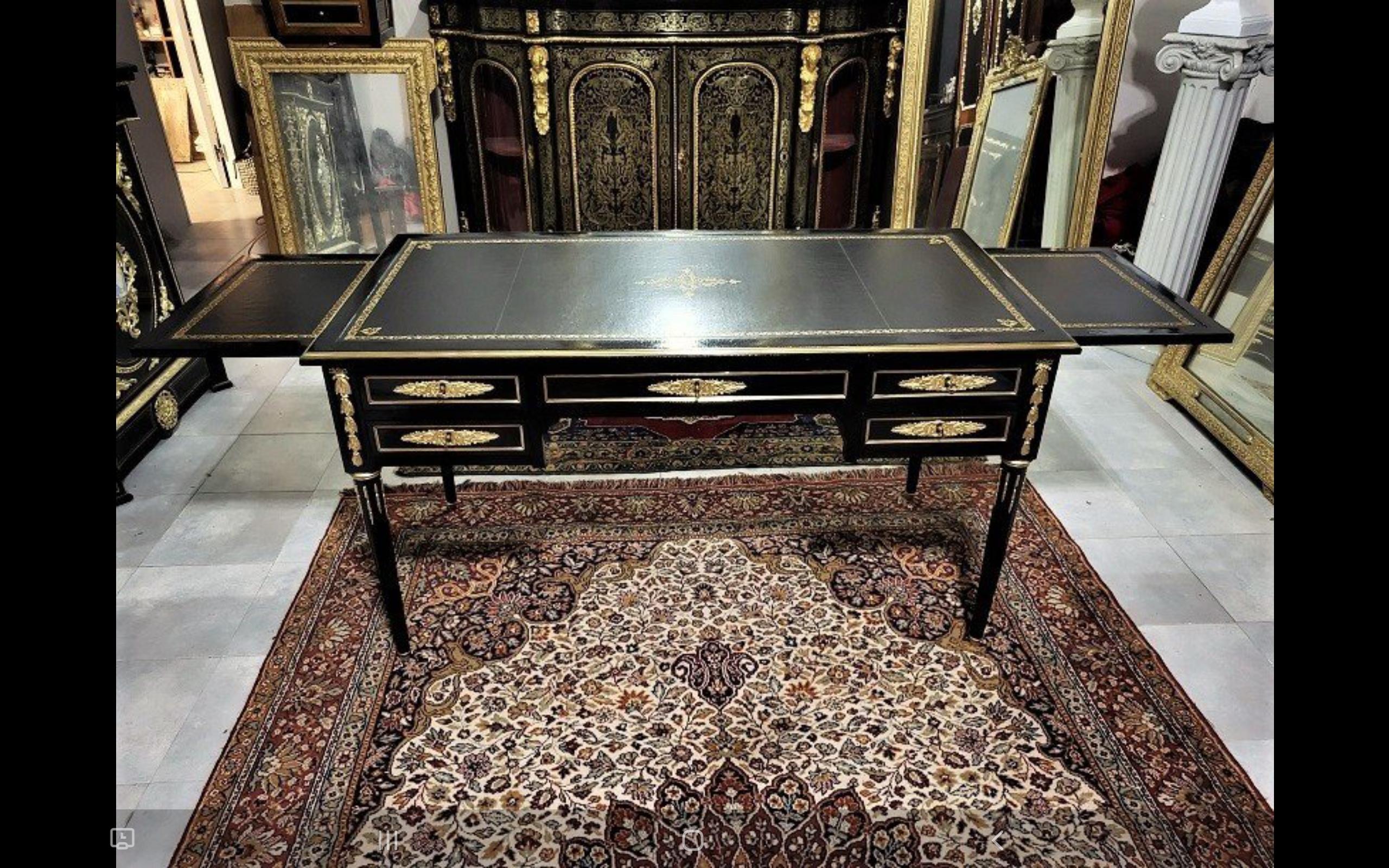 Blackened Black Desk Table with Open Sides, Boulle Style Napoleon III, France, 19th Cent