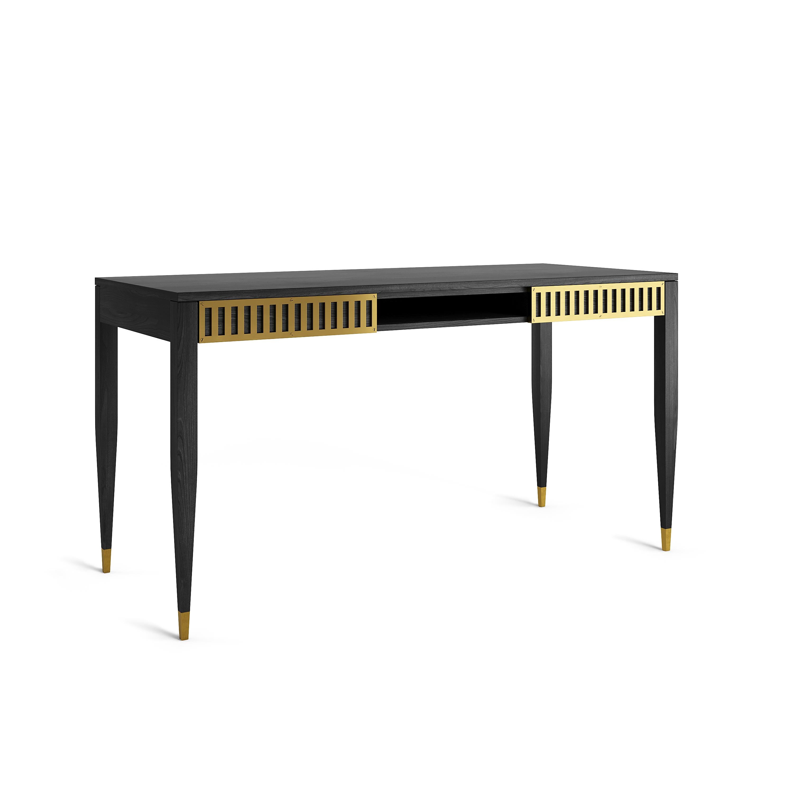 Black oak desk in mid-century style with two drawers, shelf and brass fronts. The tapered legs are finished with brass plated aluminum feet. Desk made of solid oak wood and wood covered with natural oak  veneer. Other wood on request. Perfect as