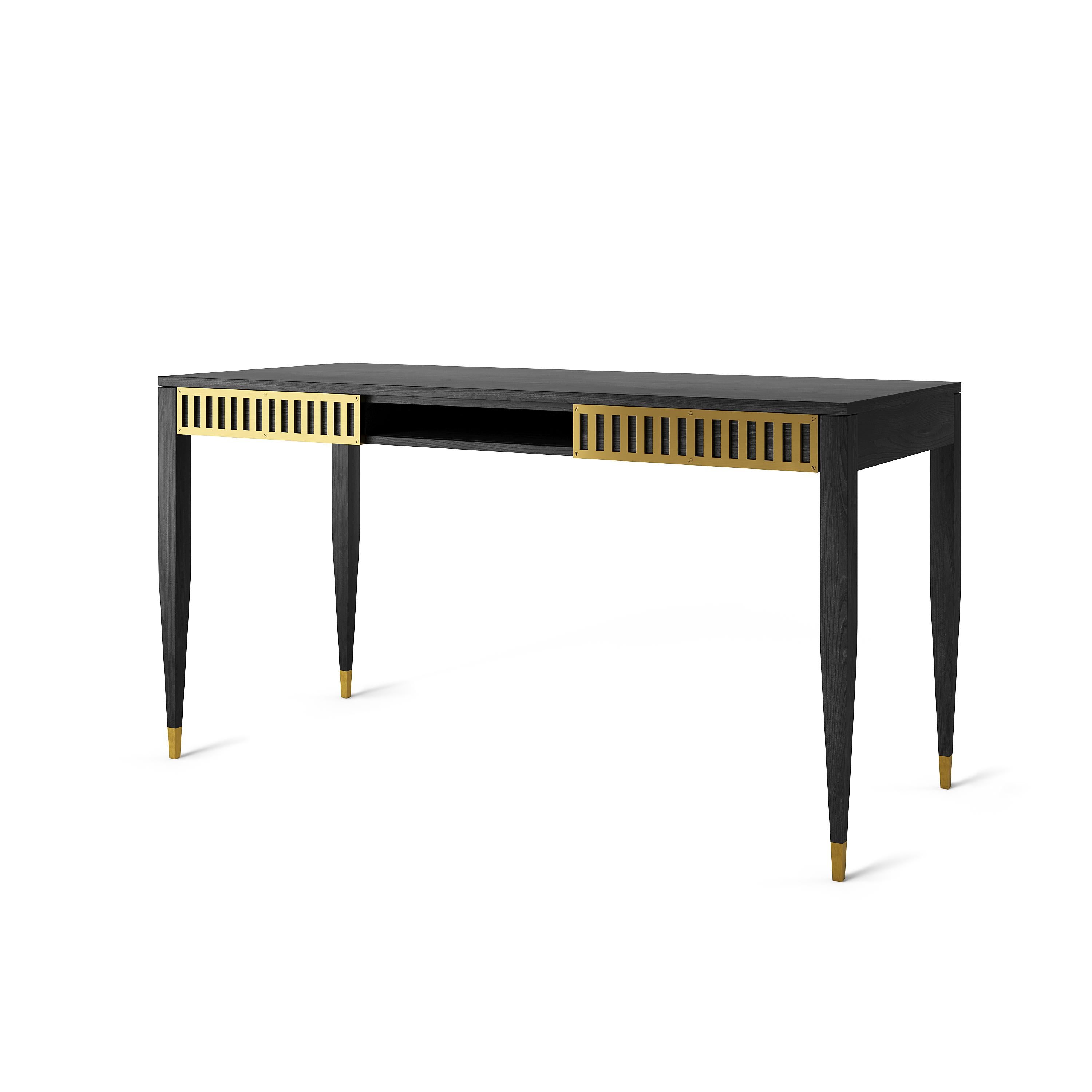 European Black desk with two drawers, shelf and brass fronts in mid century modern style For Sale