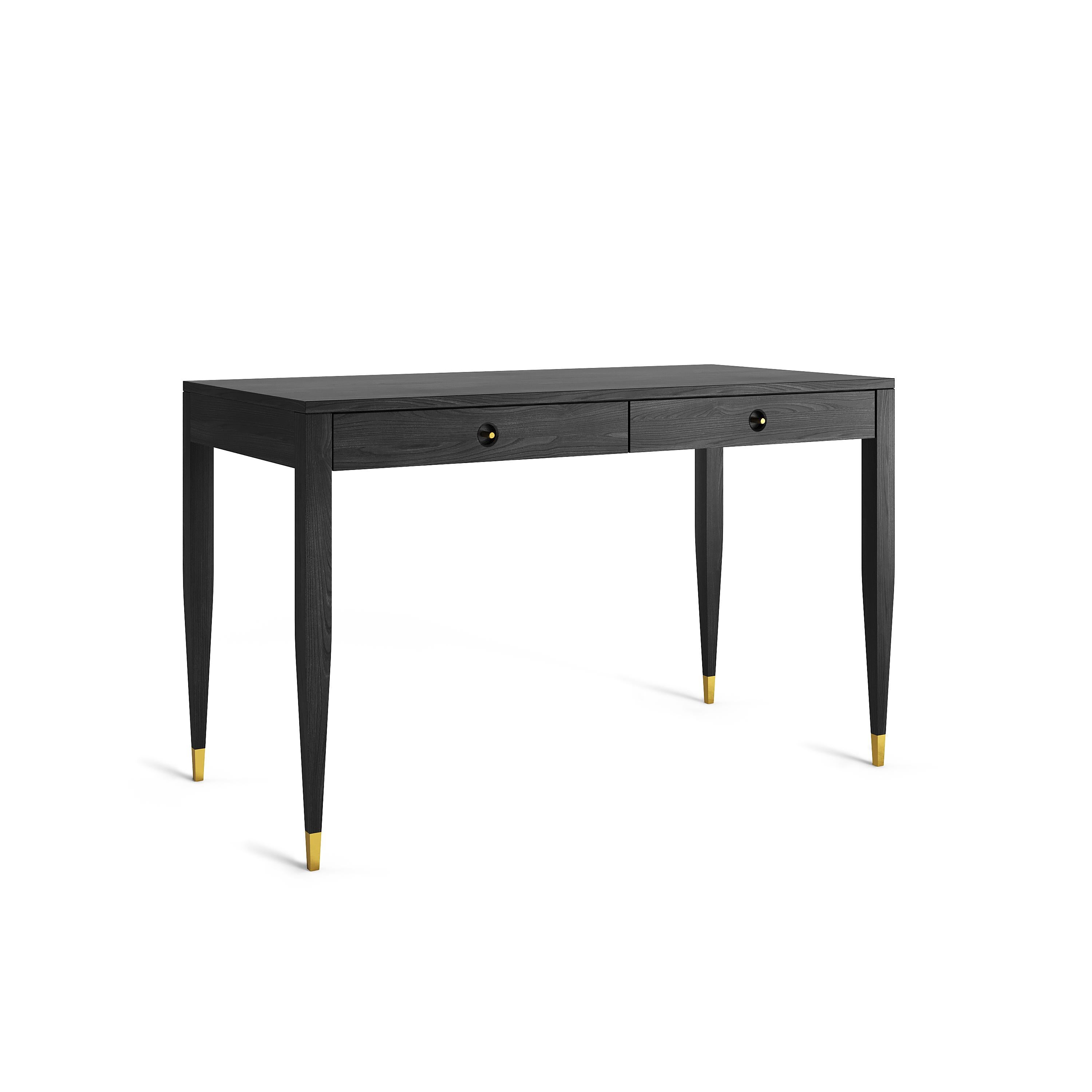 Oak desk in mid-century style with two drawers and brass handles. The tapered legs are finished with brass plated aluminum feet. Desk made of solid oak wood and wood covered with natural oak veneer. Other wood on request. Perfect as office desk,