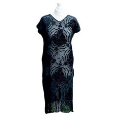Antique Black Devoré Silk Side Slit Flapper Dress with Flower Print and Fringe Hem