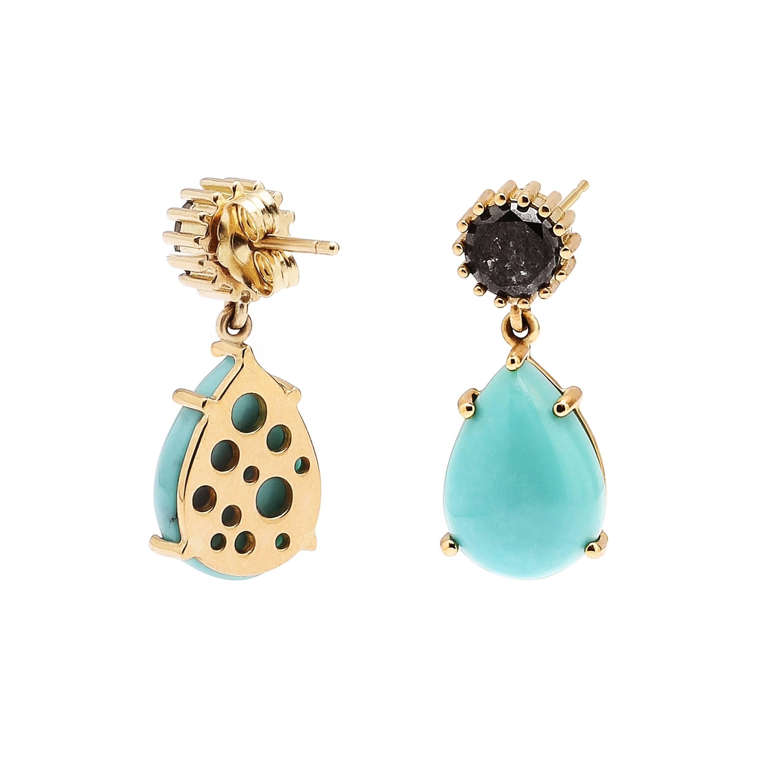 Black Diamond and Pear-Shaped Turquoise Oculus Back Single Drop Earrings For Sale