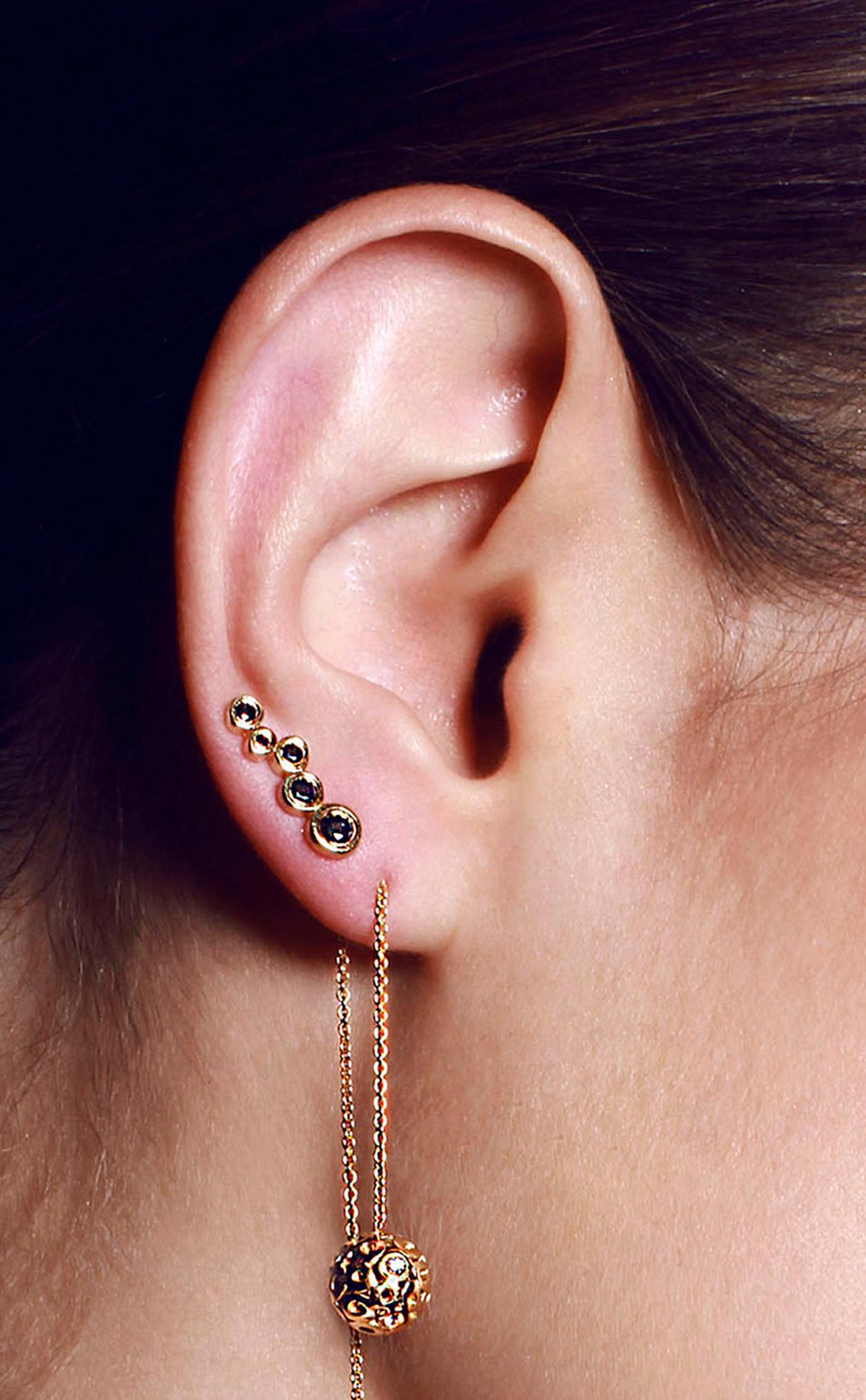 Wear this long linear climber earring with trickling down black diamonds to switch
things up between your everyday basic stud earring.

Inspired by seeing the cross-section view of life, as if slicing a tree to see its underlying structure and raw
