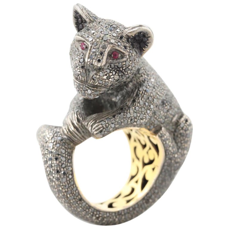 Black Diamond 14 K and Sterling Silver Panther Ring with Ruby Eyes For Sale at 1stDibs