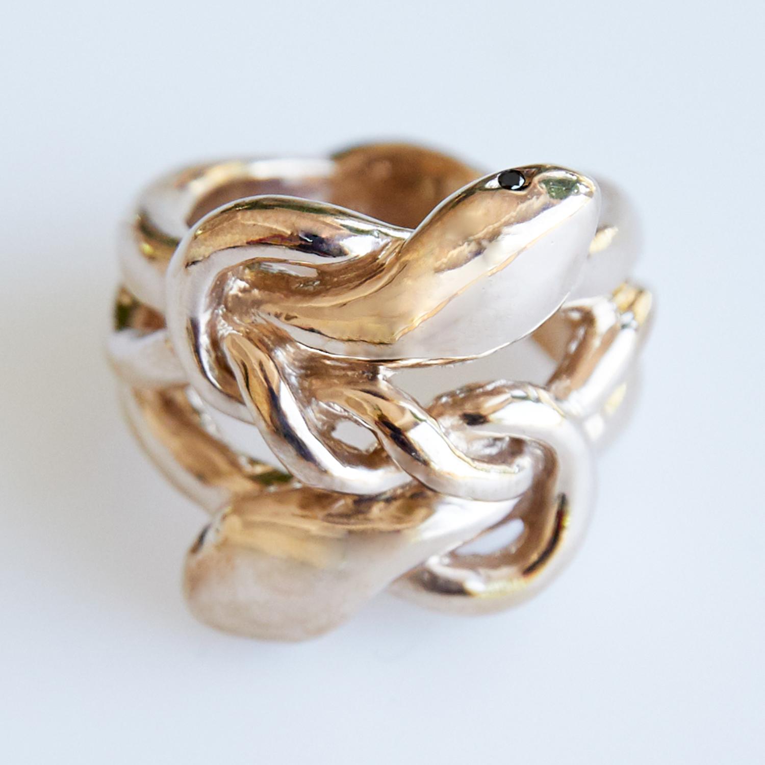 Brilliant Cut Black Diamond Gold Snake Ring For Sale
