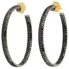 Black Diamond 14 Karat Gold Sterling Silver Hoop Earrings