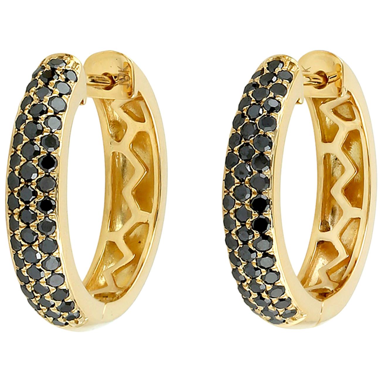 18 Karat Gold Black Diamond Huggie Hoop Earrings For Sale