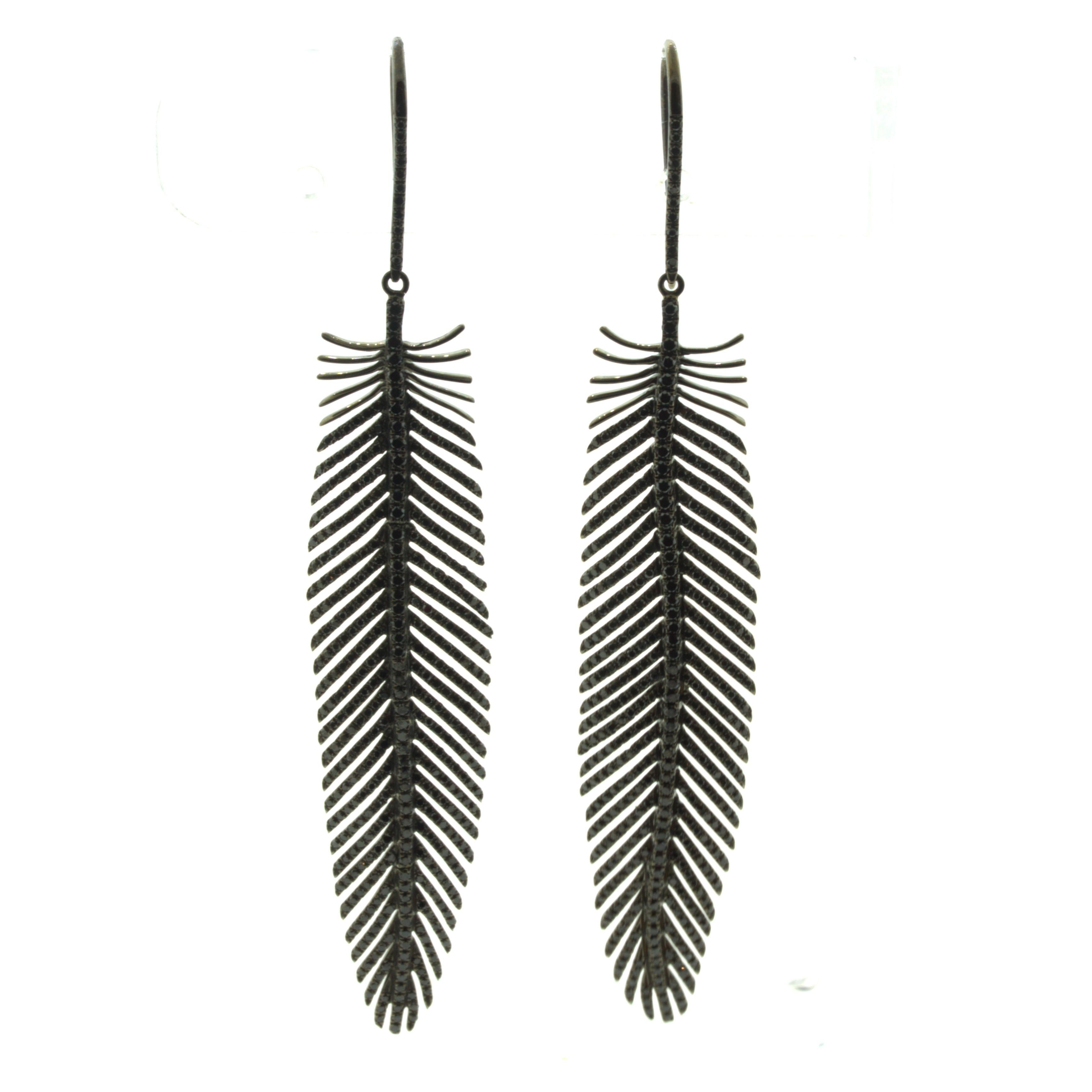 Black Diamond 18k Gold Feather Earrings For Sale 1