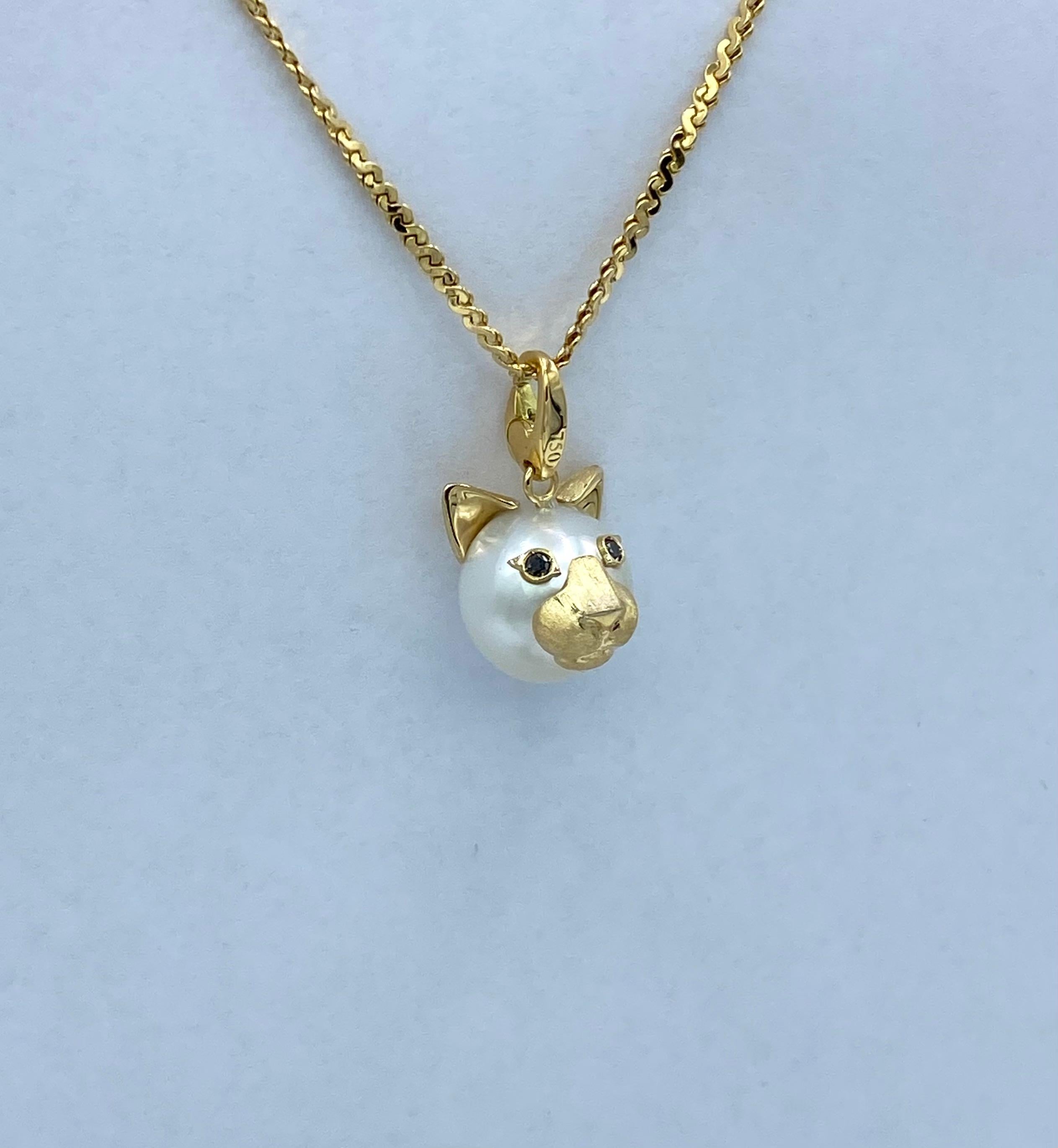Black Diamond 18kt Australian Pearl Cat Charm or Pendant Necklace Made in Italy In New Condition For Sale In Bussolengo, Verona