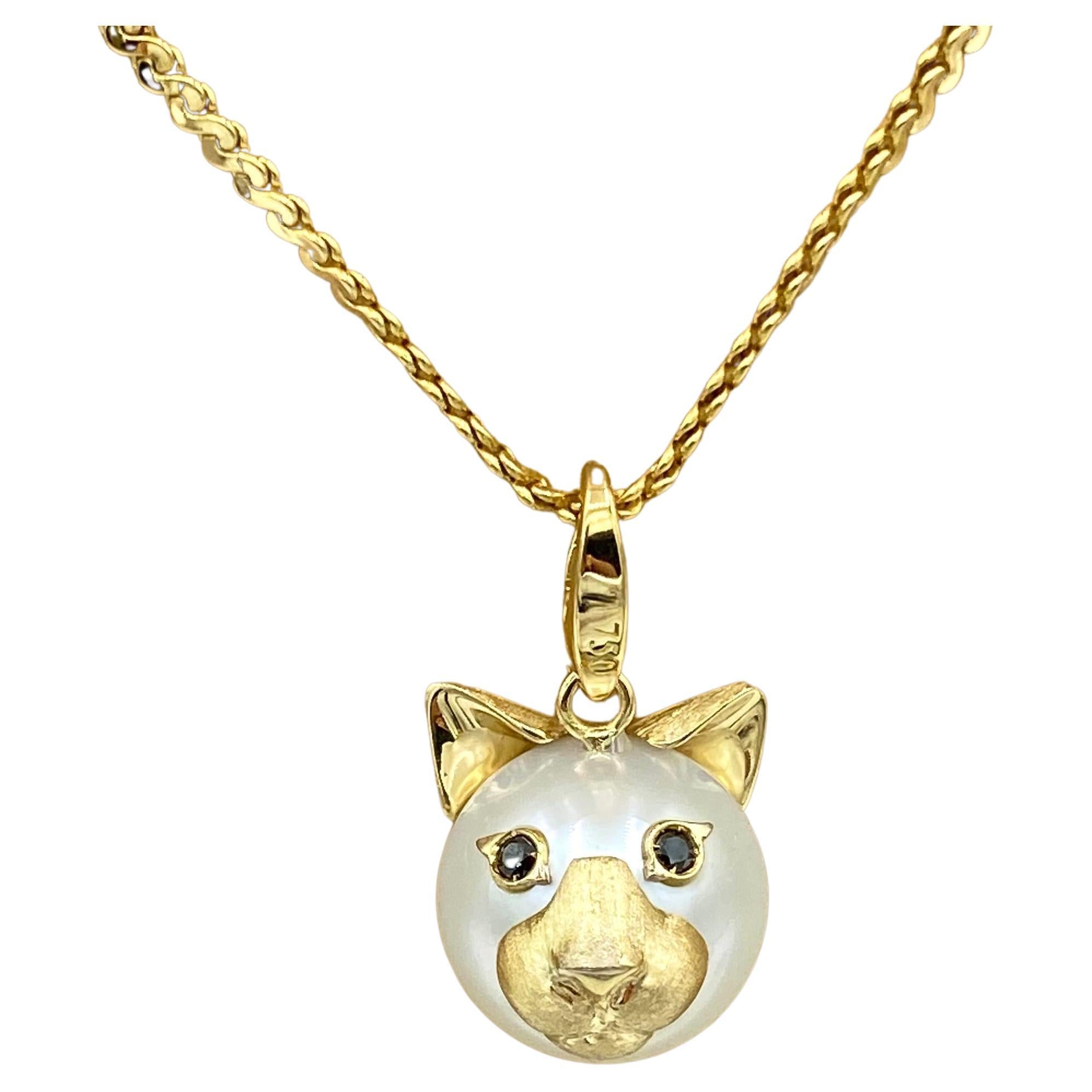 Black Diamond 18kt Australian Pearl Cat Charm or Pendant Necklace Made in Italy