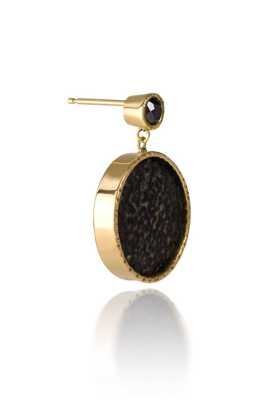 18KY, Black Diamond (.60 CTW) and (triple reinforced) Emu Shell Earrings are delightful and elegant .
The interesting texture and colors of the triple reinforced Emu shell plays off of the smooth, shinny, angular cut Black Diamonds.  
These limited