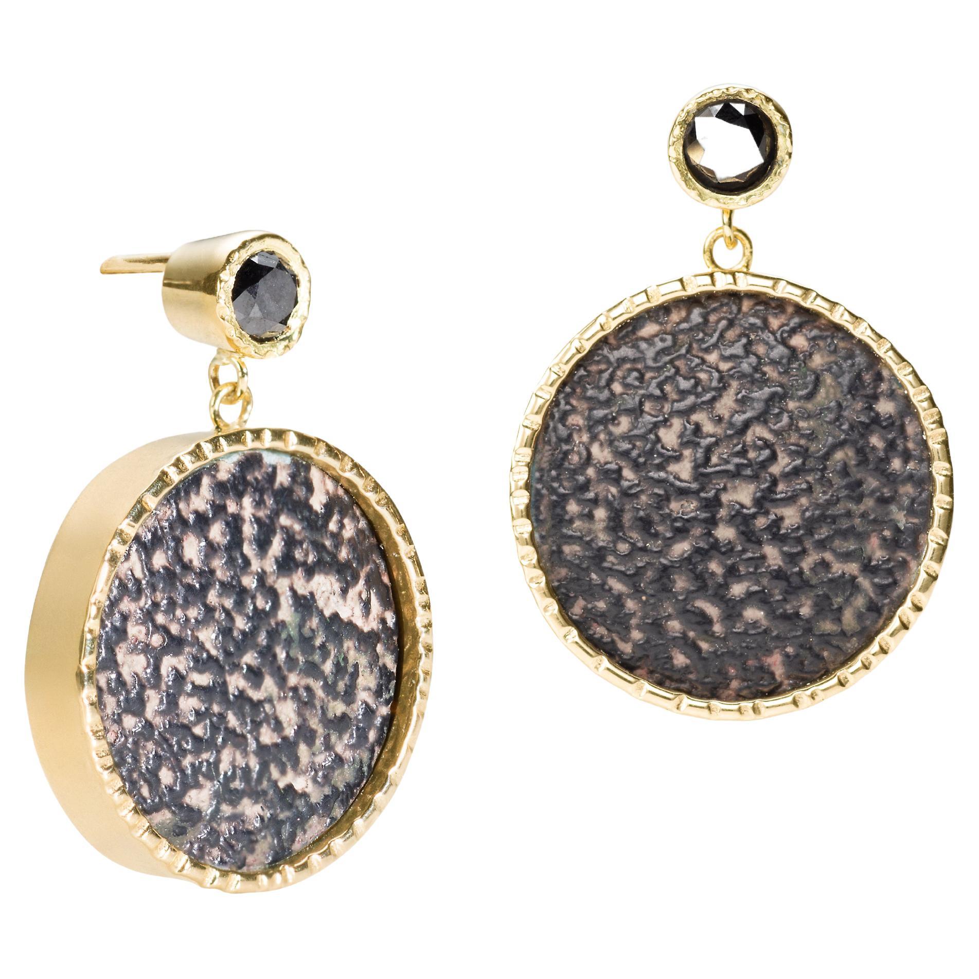 18K Black Diamond '.60 CTW' and Emu Shell Earrings For Sale