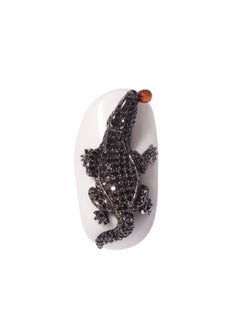 Alligator en diamant noir sur agate blanche en or blanc