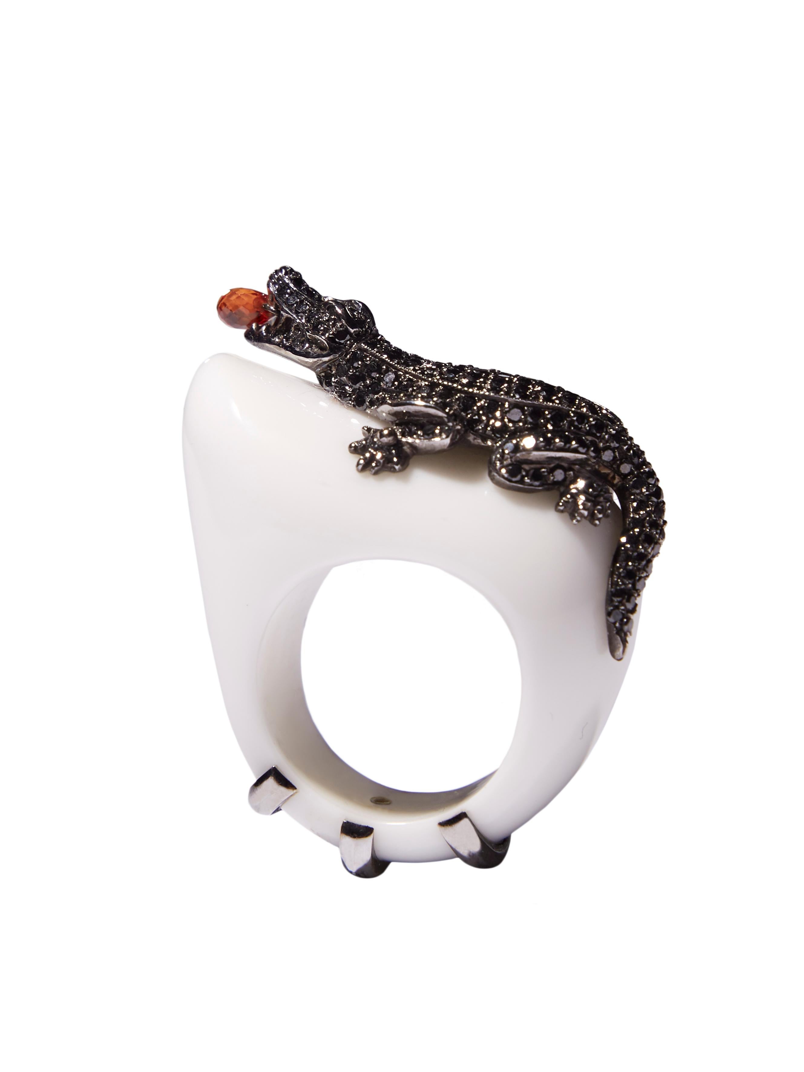Mixed Cut Black Diamond Alligator on White Agate in White Gold For Sale