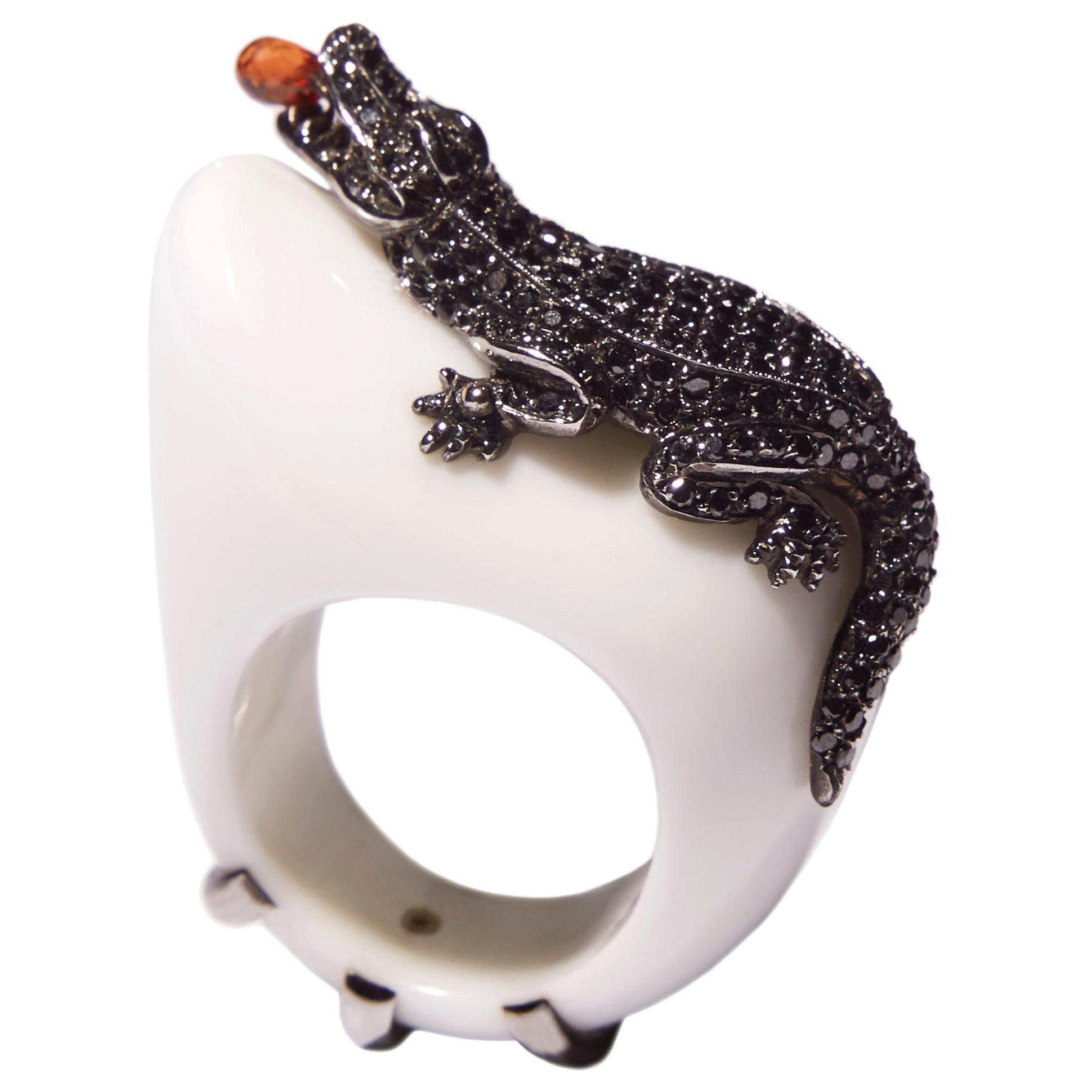Black Diamond Alligator on White Agate in White Gold For Sale