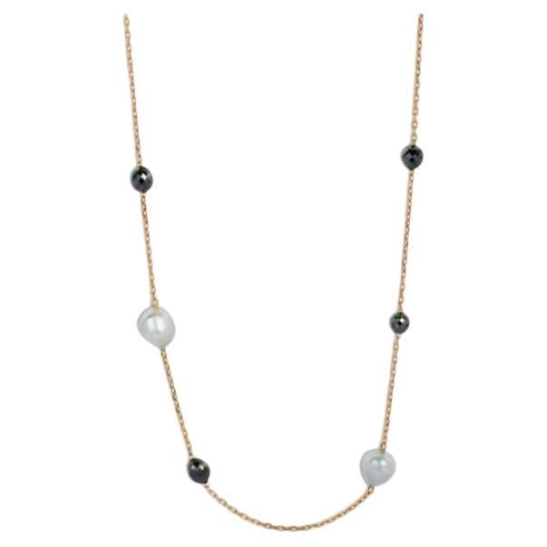 Black Diamond and Baroque Pearl Necklace in 18K Rose Gold