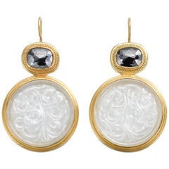 Black Diamond and Carved Jadeite Earrings in 22 and 20 Karat Gold