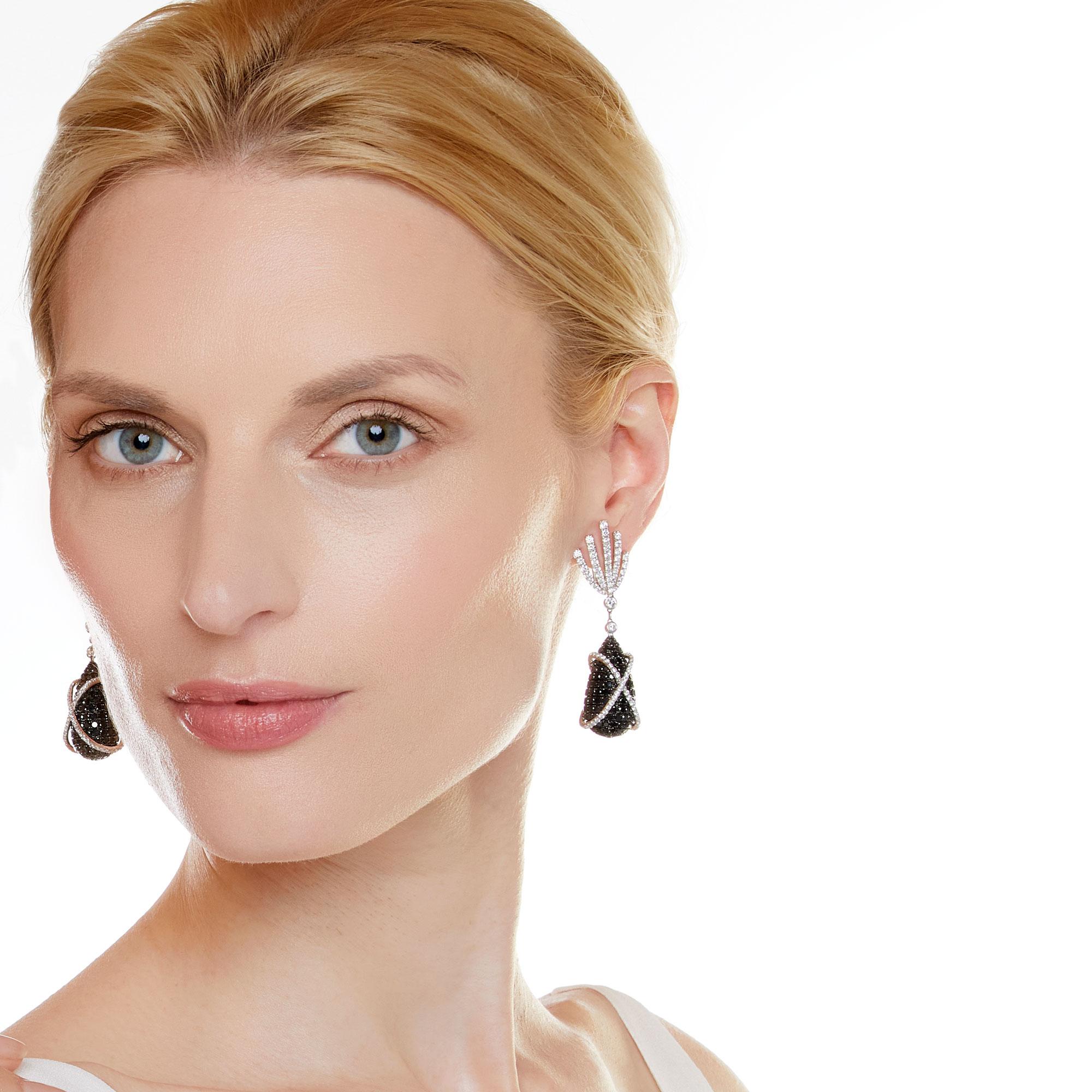 Black Diamond and Diamond Earrings In Excellent Condition For Sale In Weston, MA