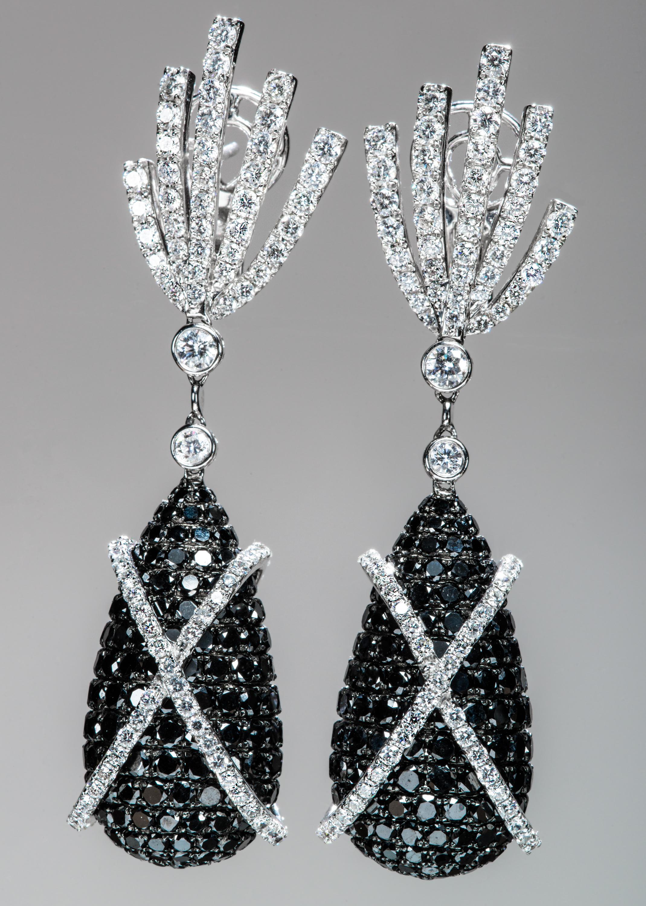 Black Diamond and Diamond Earrings In Excellent Condition For Sale In Weston, MA