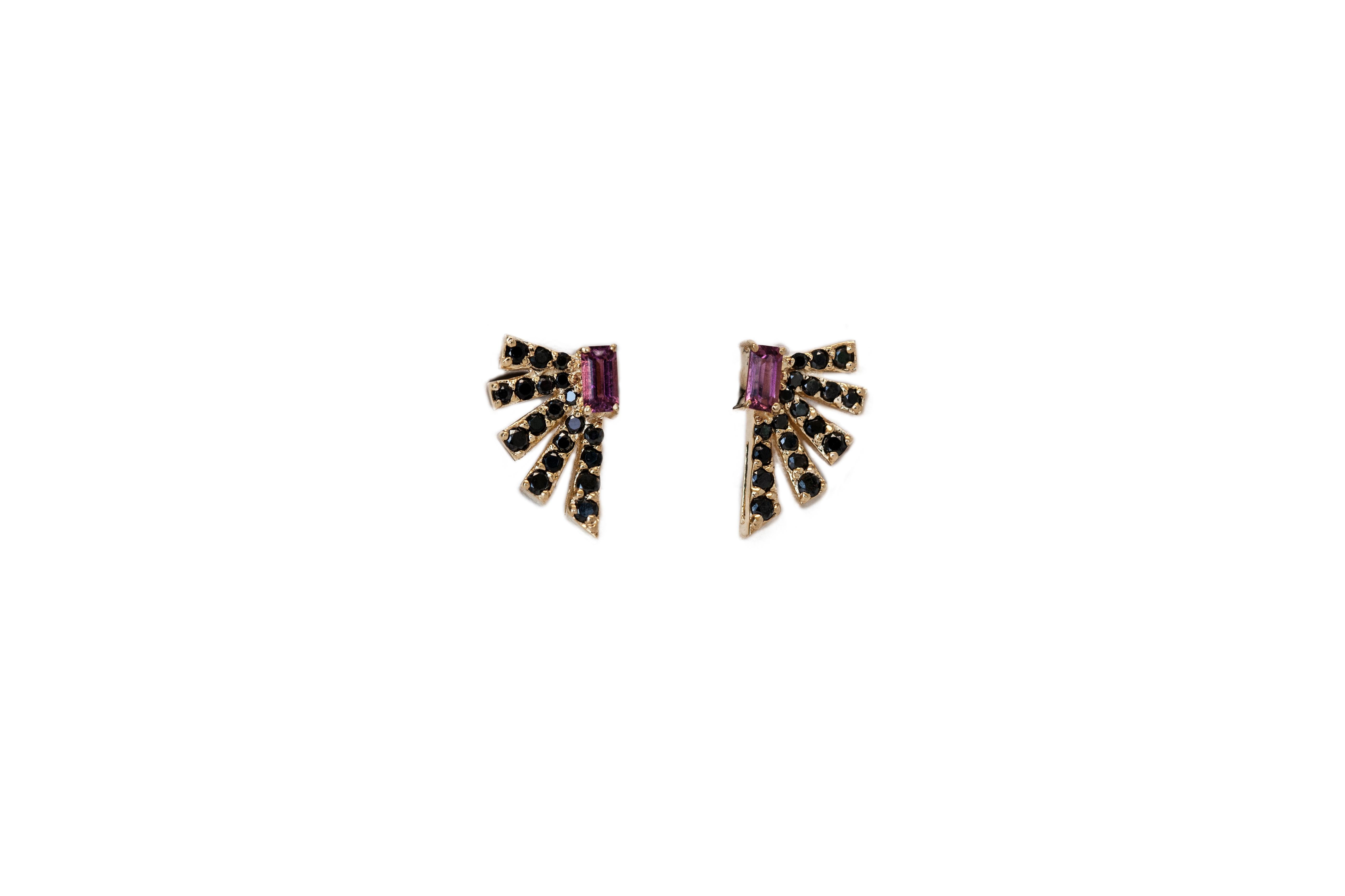 Women's or Men's Black Diamond and Rubellite Angular Fan Earrings For Sale