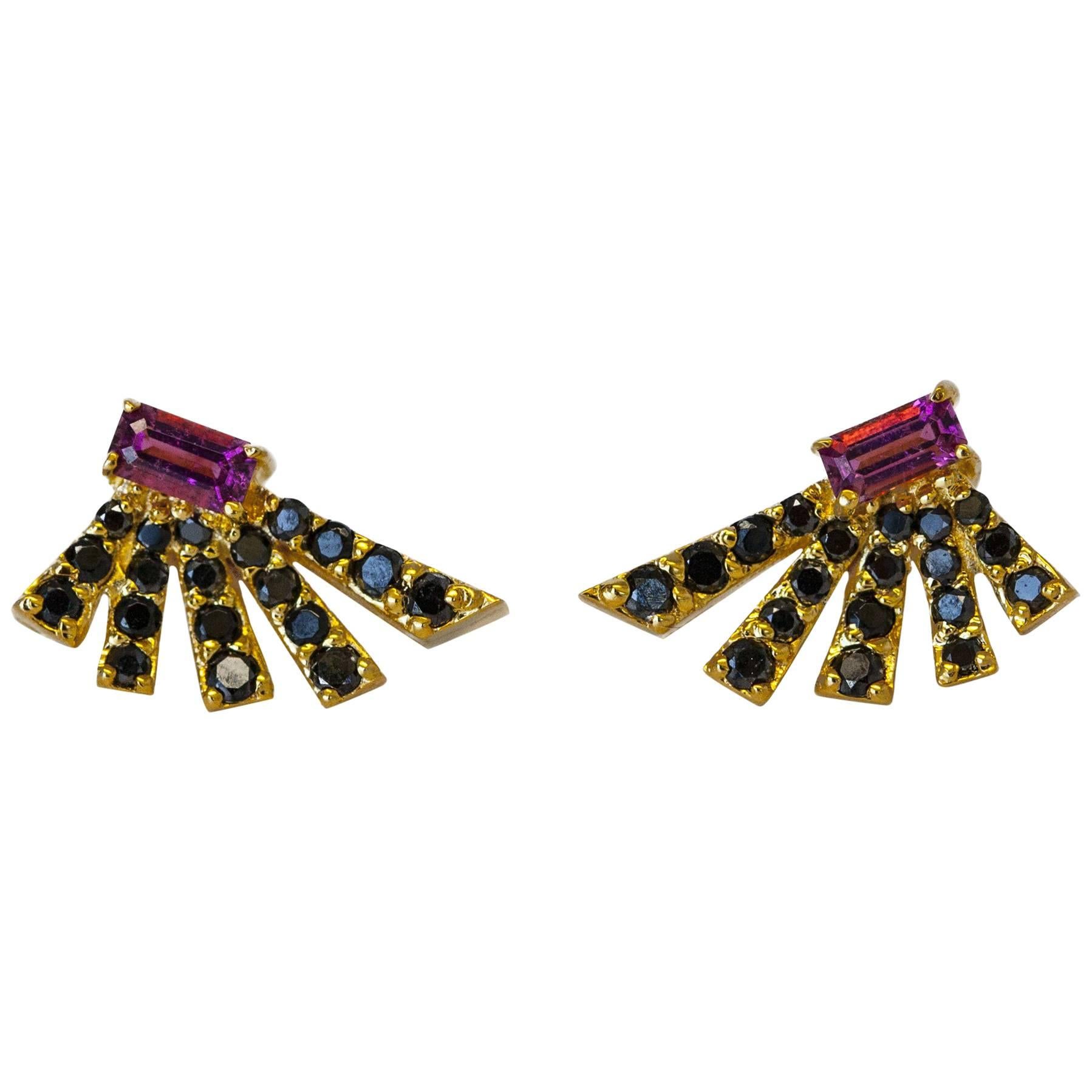 Black Diamond and Rubellite Angular Fan Earrings