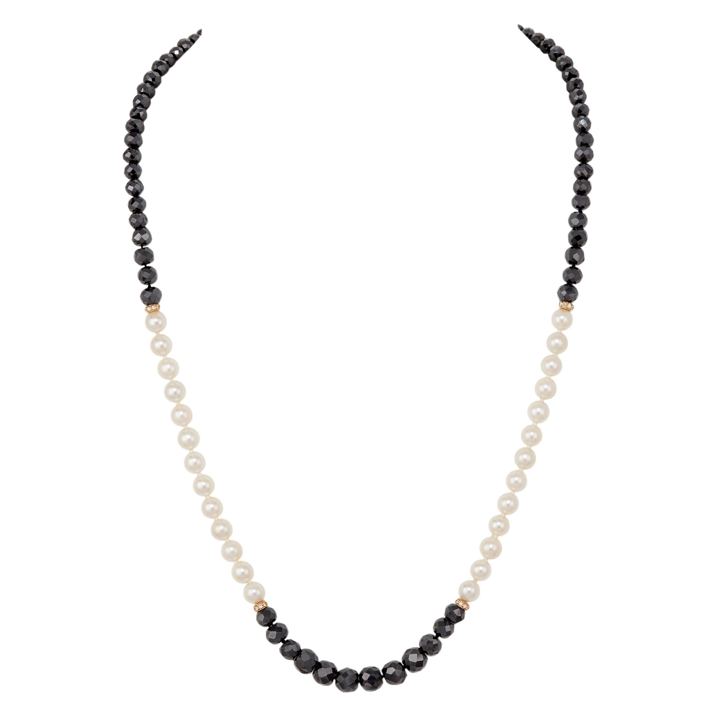 Black Diamond and Saltwater Cultured Pearl Mala Necklace with 18 Karat YG