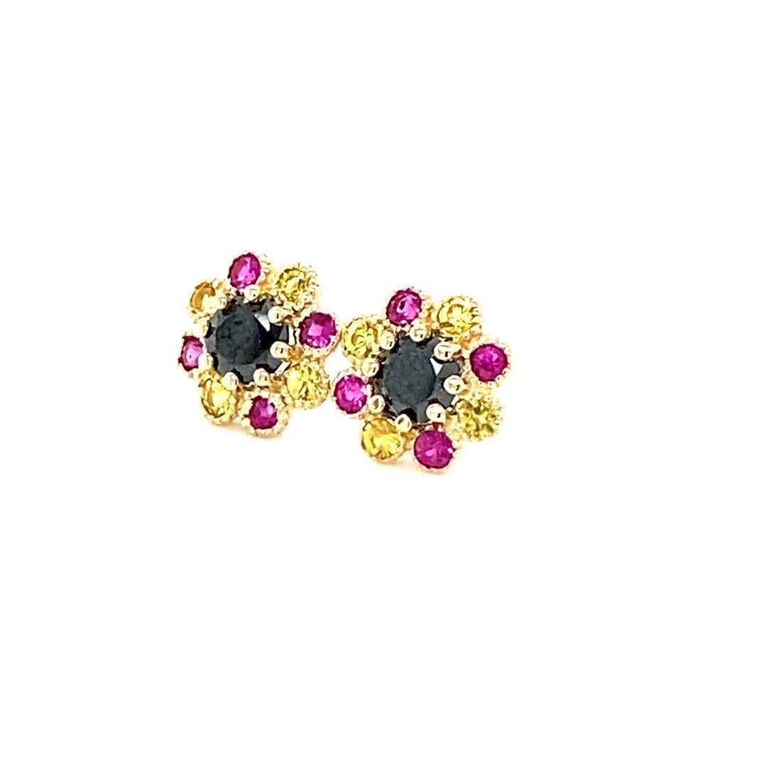 Contemporary Black Diamond and Sapphire Yellow Gold Stud Earrings For Sale