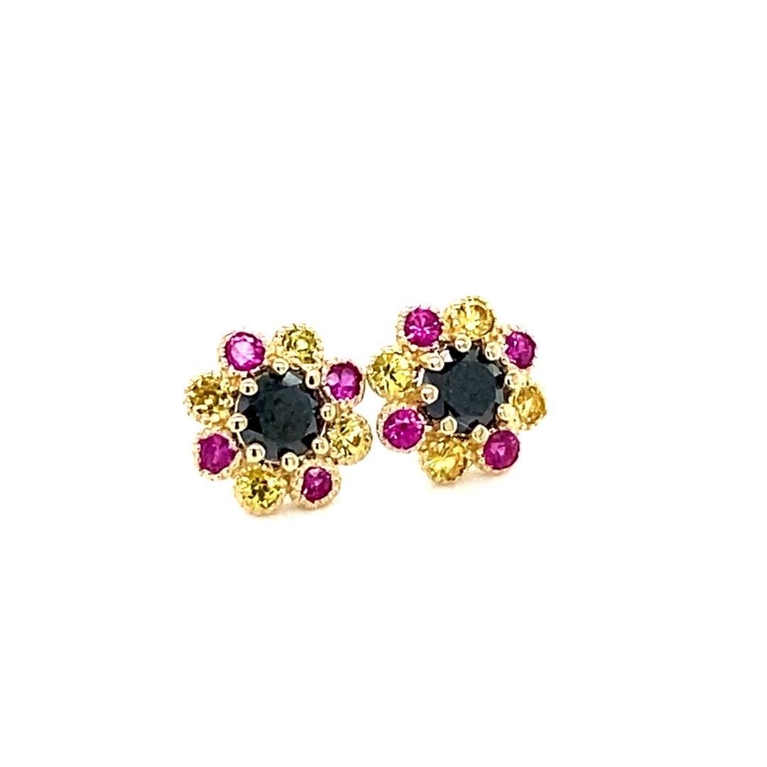 Round Cut Black Diamond and Sapphire Yellow Gold Stud Earrings For Sale