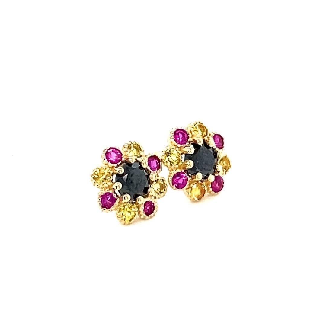 Black Diamond and Sapphire Yellow Gold Stud Earrings In New Condition For Sale In Los Angeles, CA
