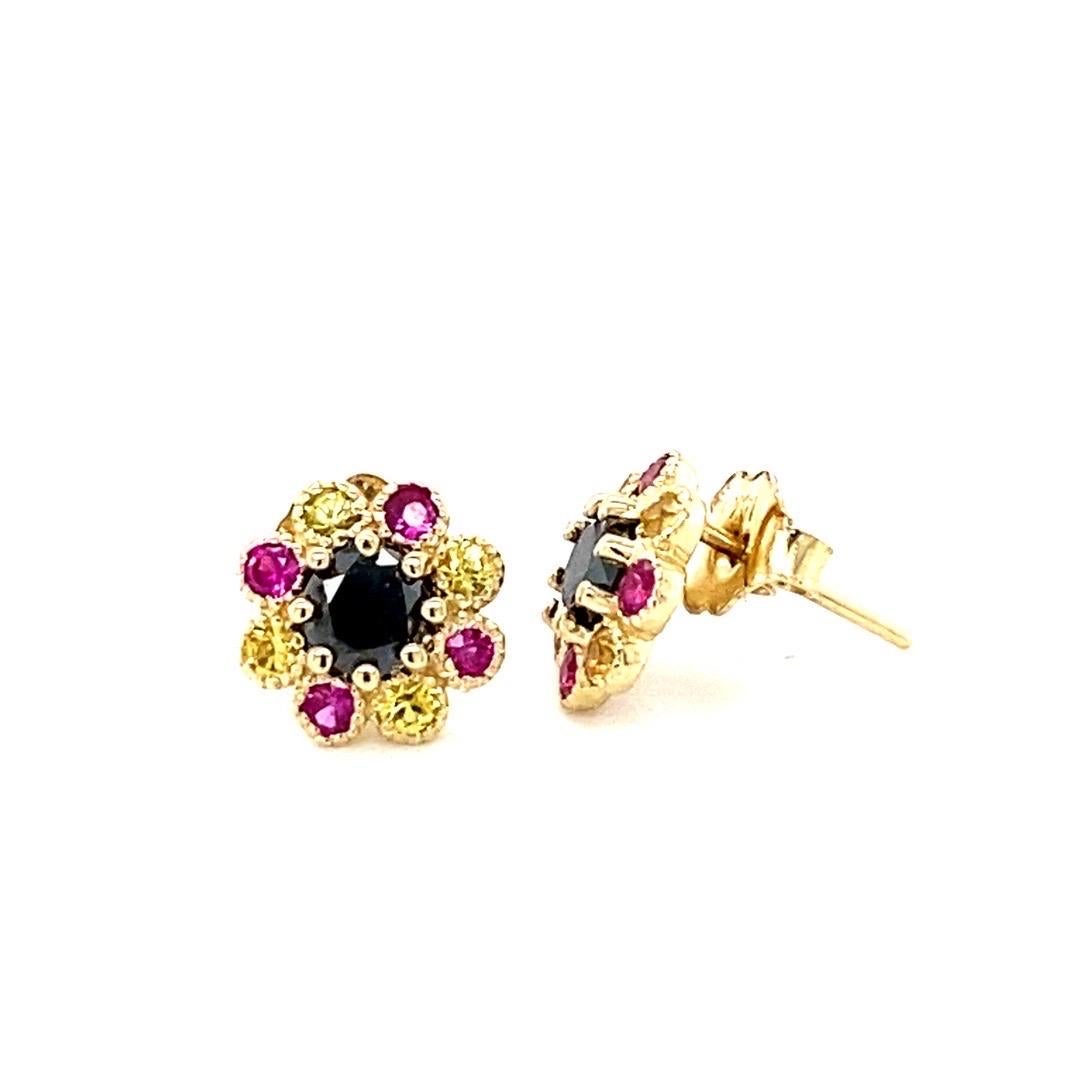 Women's Black Diamond and Sapphire Yellow Gold Stud Earrings For Sale