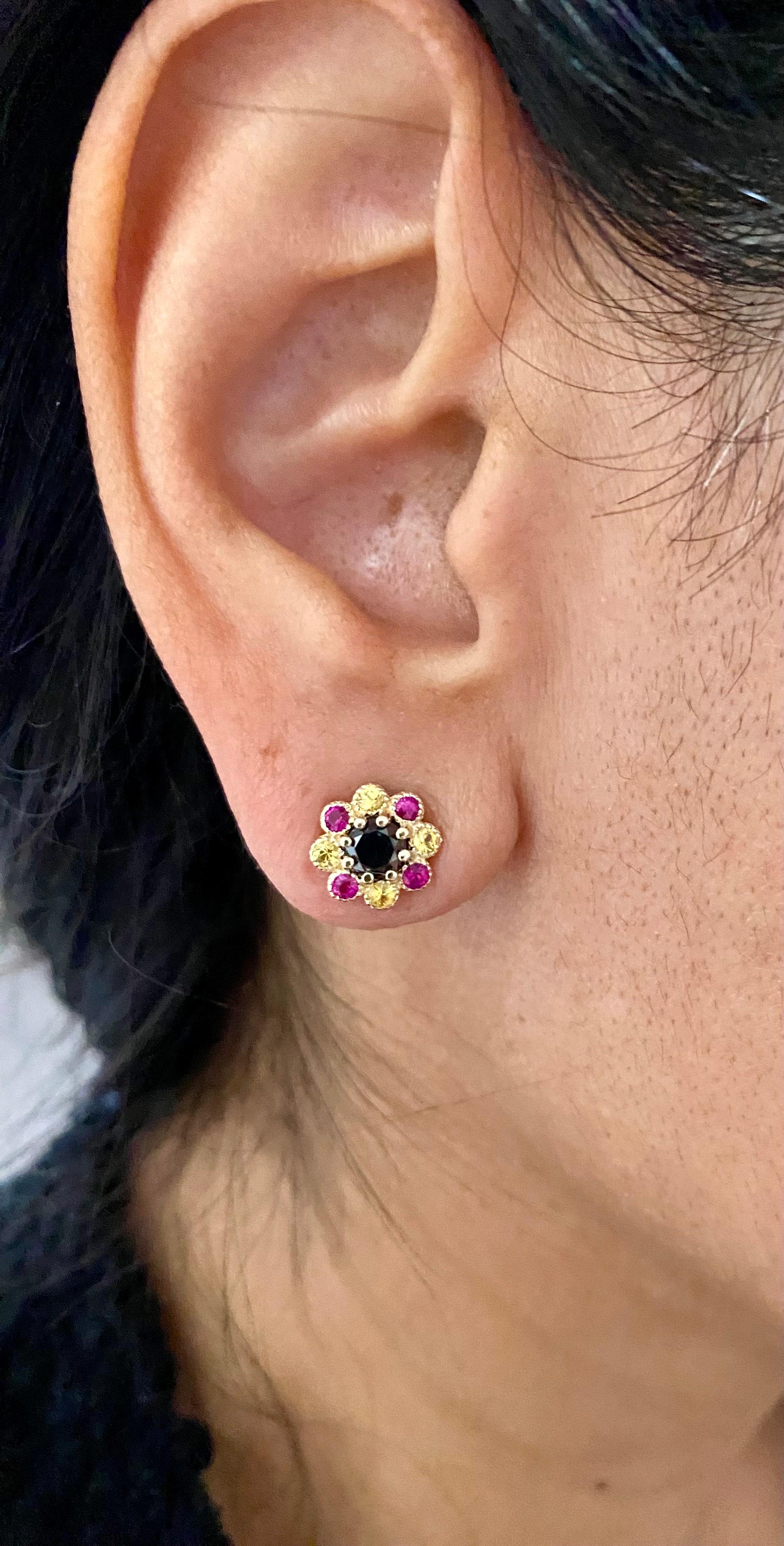 Black Diamond and Sapphire Yellow Gold Stud Earrings For Sale 3