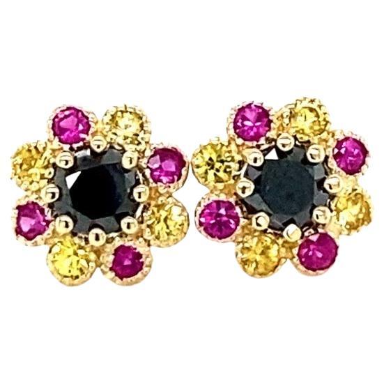 Black Diamond and Sapphire Yellow Gold Stud Earrings