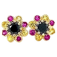 Black Diamond and Sapphire Yellow Gold Stud Earrings