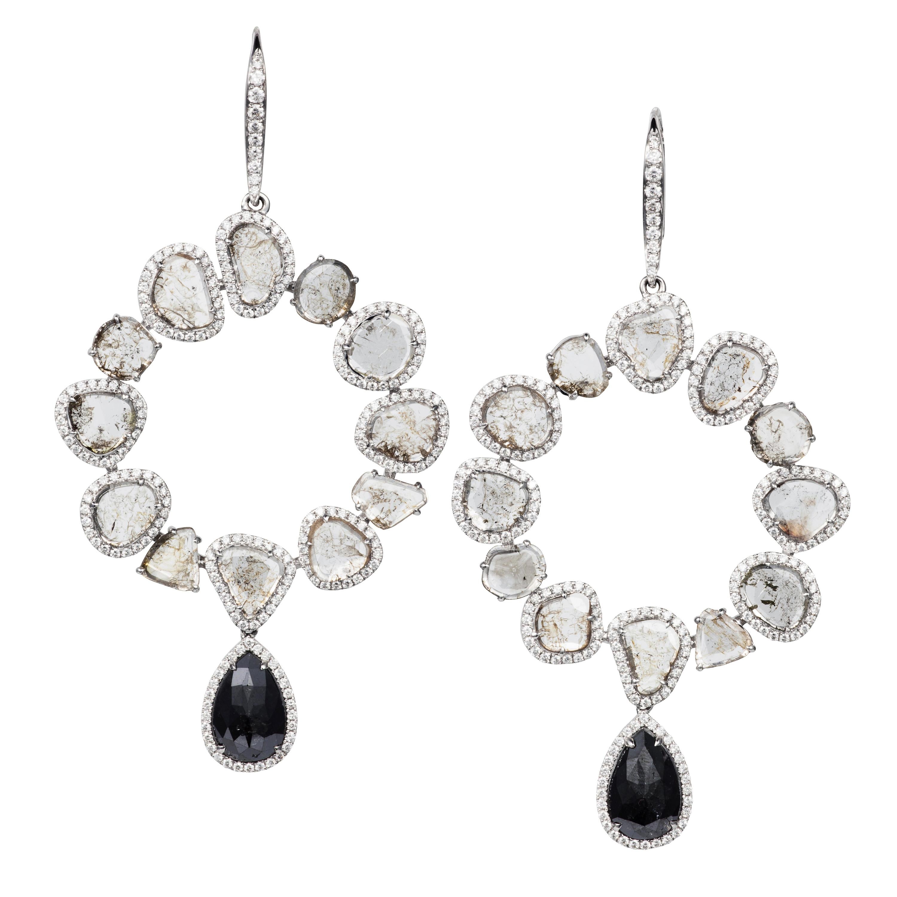 Manpriya B Slice and Black Diamond 18K Gold Diva Hoop Dangle Earrings For Sale