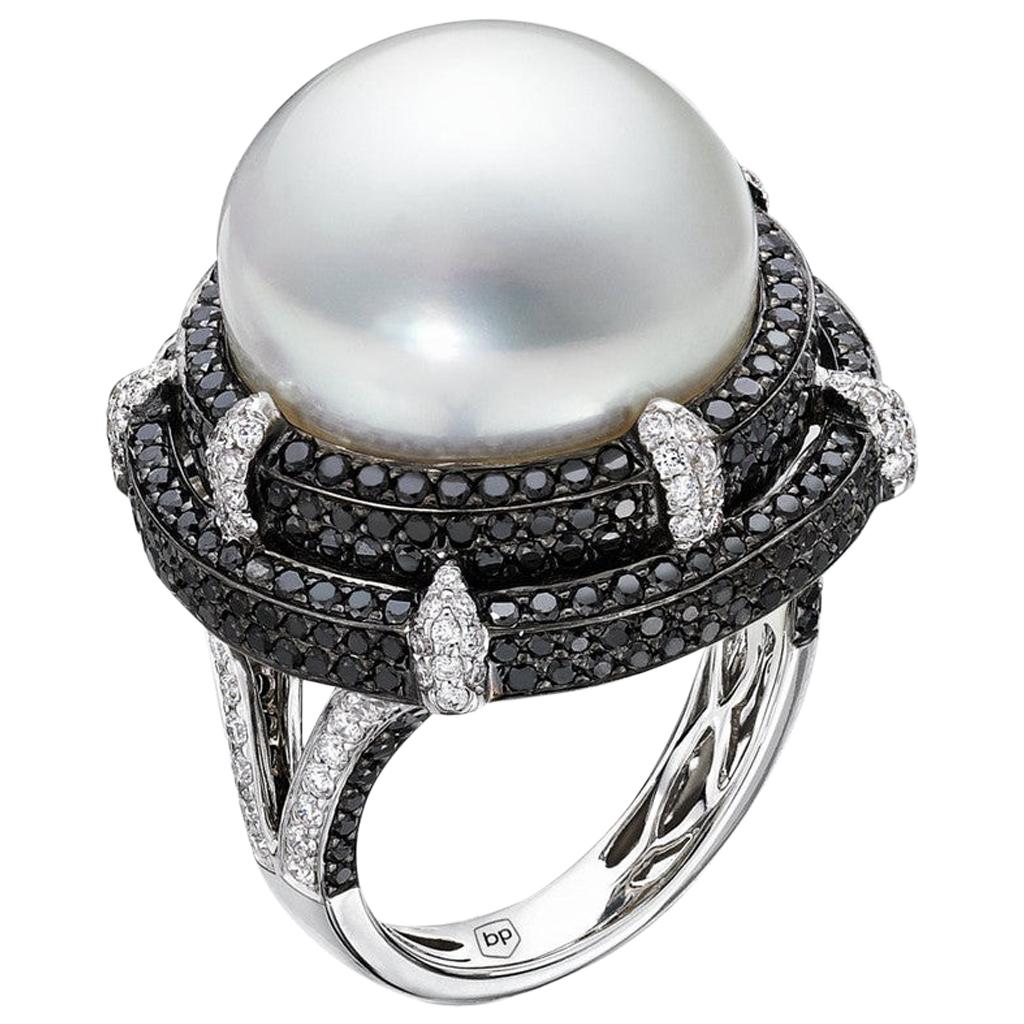 Black Diamond and South Sea Pearl Set in 18 Karat White Gold For Sale