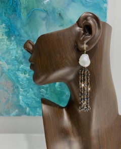 Black Diamond and White Baroque Pearl Tassel Earrings, 18k Gold