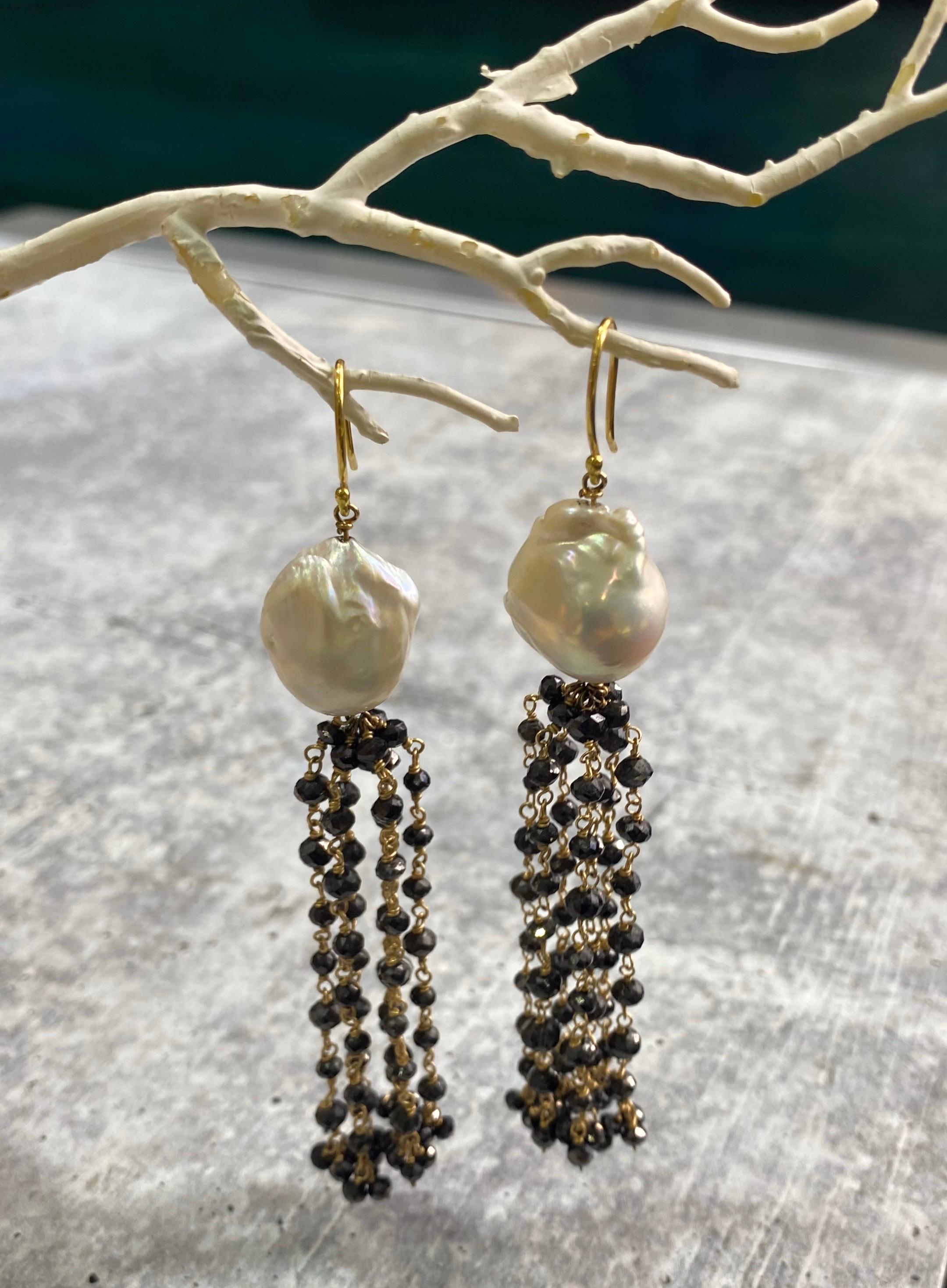 Contemporary Black Diamond and White Baroque Pearl Tassel Earrings, 18k Gold For Sale